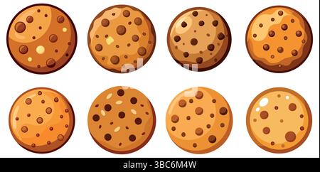 Chocolate chips cookies vector set illustration, Vector set of chocolate chip whole cookies isolated on white background. homemade biscuit cookie Stock Vector