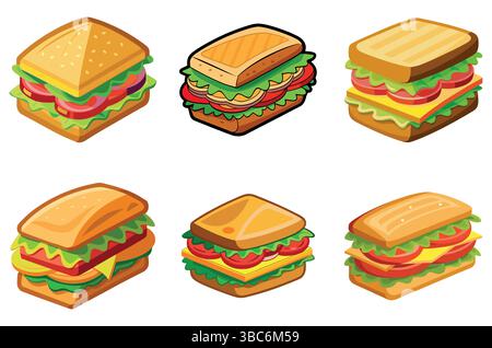 Vector illustration set of six colorful cartoon-style sandwiches with various fillings such as lettuce, tomato, cheese, and deli meats. Ideal for food Stock Vector