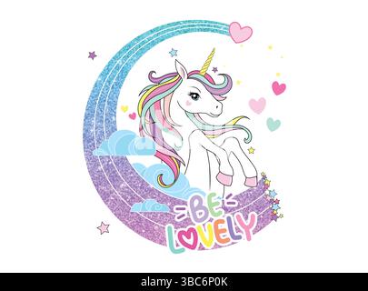 Cute unicorn on a bright moon Stock Vector
