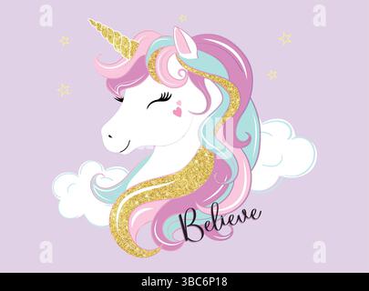 Unicorn silhouette and clouds around Stock Vector