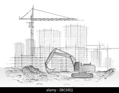 Digital construction site sketch with excavator. Building 3D Printing, Building Information Modeling Stock Vector