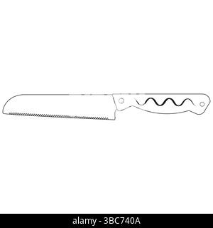 Kitchen bread knife. Round smooth tip. Serrated long edge. Wave wood handle. Stock Vector