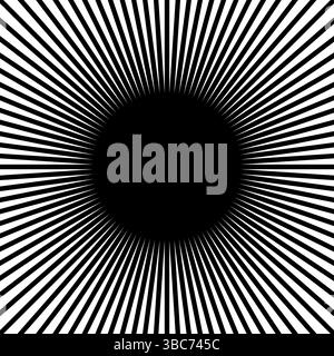 Straight radial lines in square shape. Black sun rays isolated on white background. Print with hypnotic effect. Sunburst sign. Radiance, explosion or firework design. Vector graphic illustration. Stock Vector
