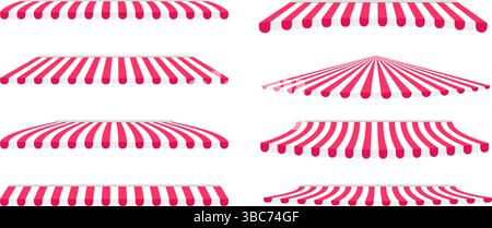 Set of shop awnings. Striped red and white store canopies. Collection of market tents. Cafe sunshade mockups. Circus domes. Kiosk umbrellas isolated on white background. Vector flat illustration. Stock Vector
