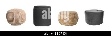 Different poufs isolated on white, collage. Interior element Stock Photo