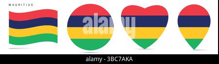 Mauritius waving flag, round circle sticker badge, heart shaped icon, map pin. Mauritian flag buttons of different shapes. Vector illustration isolate Stock Vector