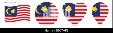 Malaysia waving flag, round circle sticker badge, heart shaped icon, map pin. Malaysian flag buttons of different shapes. Vector illustration isolated Stock Vector