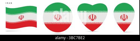Iran waving flag, round circle sticker badge, heart shaped icon, map pin. Iranian flag buttons of different shapes. Vector illustration isolated on wh Stock Vector