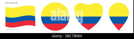 Ecuador waving flag, round circle sticker badge, heart shaped icon, map pin. Ecuadorian flag buttons of different shapes. Vector illustration isolated Stock Vector