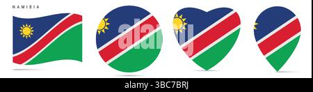 Namibia waving flag, round circle sticker badge, heart shaped icon, map pin. Namibian flag buttons of different shapes. Vector illustration isolated o Stock Vector