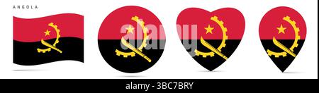 Angola waving flag, round circle sticker badge, heart shaped icon, map pin. Angolan flag buttons of different shapes. Vector illustration isolated on Stock Vector
