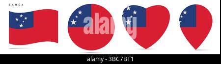 Samoa waving flag, round circle sticker badge, heart shaped icon, map pin. Samoan flag buttons of different shapes. Vector illustration isolated on wh Stock Vector