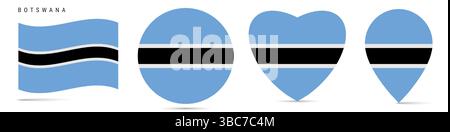 Botswana waving flag, round circle sticker badge, heart shaped icon, map pin. Republic of Botswana flag buttons of different shapes. Vector illustrati Stock Vector