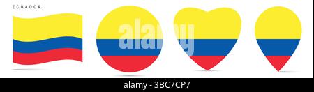 Ecuador waving flag, round circle sticker badge, heart shaped icon, map pin. Ecuadorian flag buttons of different shapes. Vector illustration isolated Stock Vector