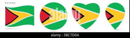 Guyana waving flag, circle badge, heart shaped, map pin. Flat vector illustration isolated Stock Vector