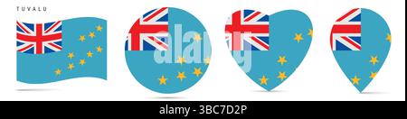 Tuvalu waving flag, round circle sticker badge, heart shaped icon, map pin. Ellice Islands flag buttons of different shapes. Vector illustration isola Stock Vector
