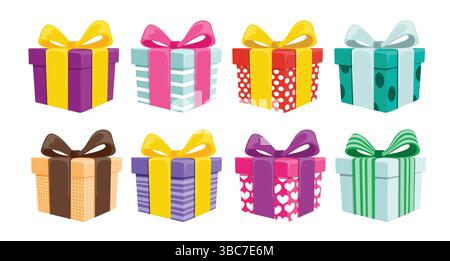 Birthday gift box elements clipart set. Colorful gift boxes drawing clip art with multi colored ribbon tie and cute pattern decoration collection Stock Vector