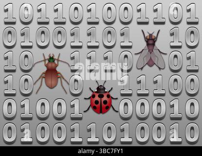 Software bugs – computer data errors. Binary code with bugs. Corrupted file concept. Stock Vector