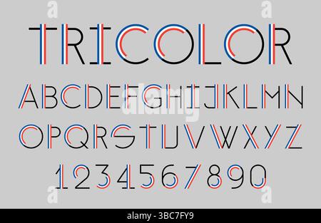 Modern tricolor thin line font. Colors of the flag of France. Alphabet elegant design. Vector illustration. Stock Vector