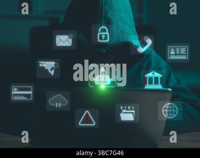 Hacker, Scam alert warning with cybersecurity icons. Businessman being ...