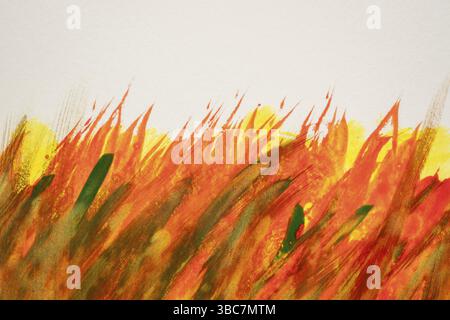Red, orange, yellow, and green watercolor abstract background painted with wide vertical brush strokes on white art canvas (self made) Stock Photo