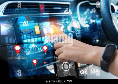Hand interacting with futuristic AI-powered smart car dashboard screen, showing GPS navigation, digital data, fingerprint scan, and neural network, co Stock Photo