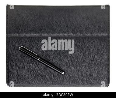 Stylus pen and tablet computer in black leather case Stock Photo