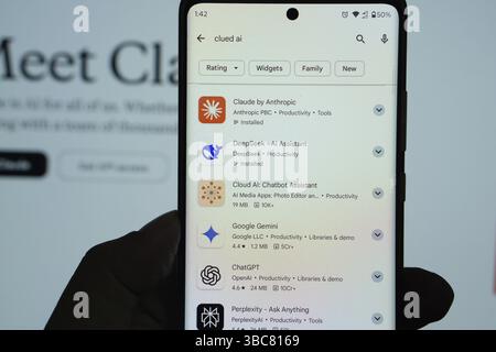 The Claude app icon is visible on an iPhone. Claude is a family of large-scale language models developed by Anthropic Stock Photo