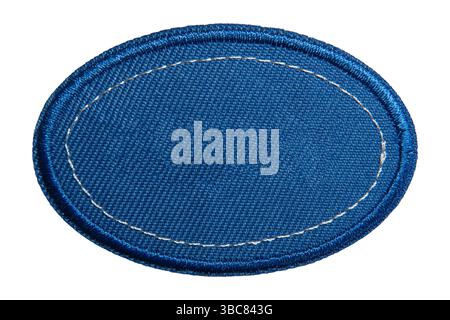 Blue ellipse shape iron patch badge on white background with clipping path Stock Photo