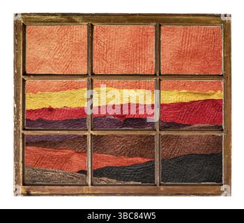 Abstract desert landscape in earth tones created with sheets of handmade paper as seen through a vintage sash window Stock Photo