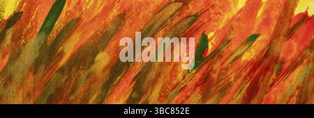 Red, orange, yellow, and green watercolor abstract background painted with wide diagonal brush strokes on art canvas (self made), panoramic banner Stock Photo