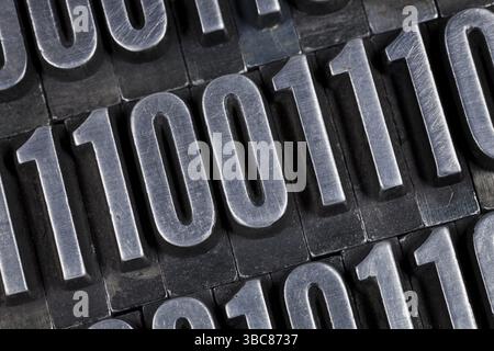 Zero and one - binary numbers abstract - old grunge metal printing blocks Stock Photo