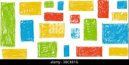 Kid doodle of rough rectangular shapes with blue, red and green pastel wax texture, resembling chalkboard or charcoal squiggle art. Grunge school Stock Vector