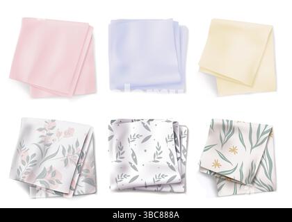 Kitchen towel napkin set with floral patterns and pastel color fabric. Cute summer design for cotton cloth napkins collection. Folded tableware linens and handkerchiefs. Stock Vector