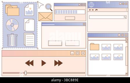 Retro user interface layout kit - vintage web page components, navigation elements, buttons and image placeholders, form fields and progress bars. 90s style website design mockups collection. Stock Vector
