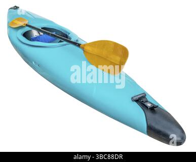Blue plastic old whitewater kayak with a paddle, isolated on white with clipping path Stock Photo