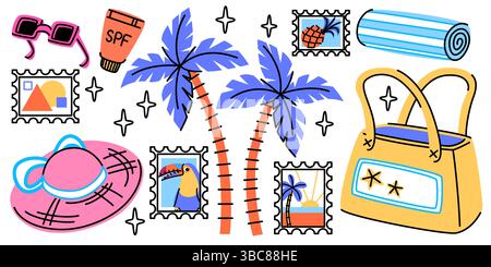 Retro tropical sticker pack - pink hat, sunscreen cream and sunglasses, palm trees and postal stamps, beach towel and bag. Funky summer vacation doodle illustrations for travel journal decorations. Stock Vector