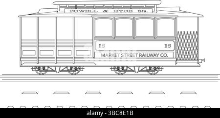Black and white line drawing of a historic Market Street Railway Co. street car, likely from San Francisco, California. Features details like the dest Stock Vector