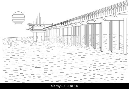 A simple black and white line drawing illustrating the iconic Scripps Pier in La Jolla, California, with a stylized sun or moon over the horizon and c Stock Vector