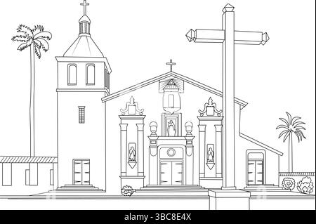 Detailed black and white line art illustration of Mission Santa Clara de Asis in California. This outline drawing depicts the classic architecture of Stock Vector