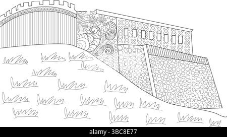 Detailed black and white line art illustration of a stylized castle wall on a grassy hill, featuring intricate patterns and design elements. Ideal for Stock Vector