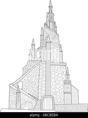 Detailed black and white line drawing of a complex, whimsical fantasy castle featuring towers, stairs, and intricate patterns. Ideal for adult colorin Stock Vector