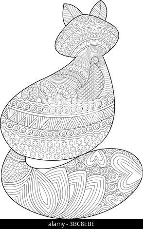 Detailed black and white line art illustration of a stylized cat filled with various intricate patterns and designs, perfect for coloring books, relax Stock Vector