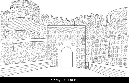 Intricate black and white line art illustration depicting a fantasy castle or fortress gate and walls adorned with various detailed patterns, suitable Stock Vector