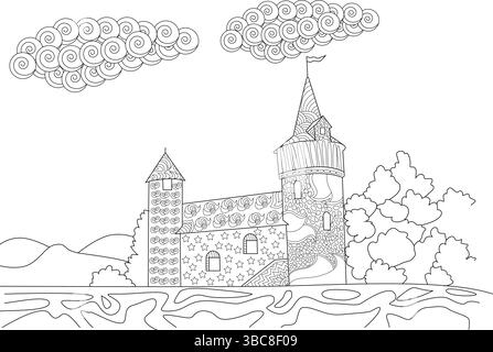 Black and white line drawing of a whimsical fantasy castle featuring intricate zentangle-inspired patterns on its walls and towers, set against a land Stock Vector