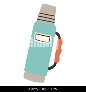 Simple camping blue thermos. Outdoor camp thermos bottle isolated flat design for hot drinks and soup Stock Vector