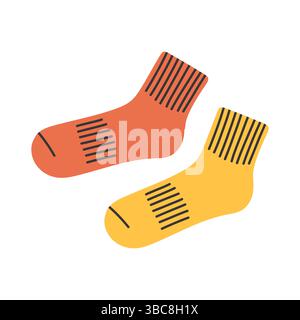 Simple red and yellow socks. Knitted socks cozy winter wear flat Illustration Clipart isolated. Print ready scalable graphic design elements for Stock Vector