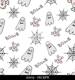 Seamless halloween pattern with ghost and bat, spider on light background, vector Stock Vector