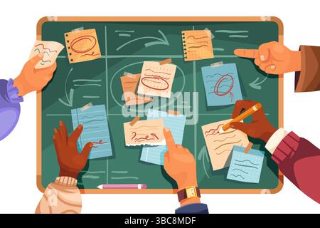 Plan board with stickers and people hands. Vector sign for team workflow organization, strategy and planning, scheduling task. Office brainstorming session with sticky notes. Teamwork and plan, agenda Stock Vector