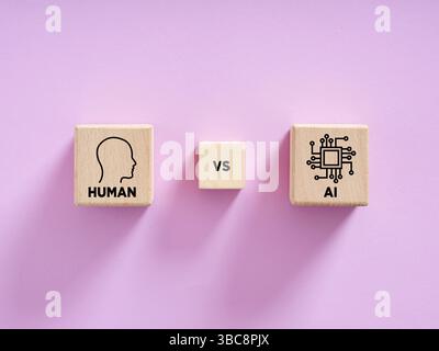 Wooden cubes representing human and artificial intelligence confronting each other symbolizing technological challenge Stock Photo